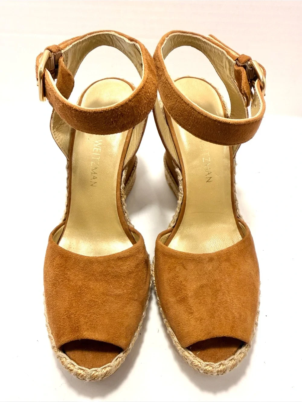 Stuart Weitzman Cognac Suede Espadrille Wedge Sandals Women’s Size 6.5